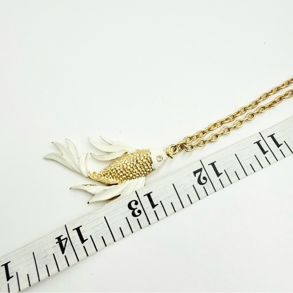 Elegant Gold Tone Enamel Fish Pendant Long Necklace With Rhinestone Eyes - Picture 8 of 8